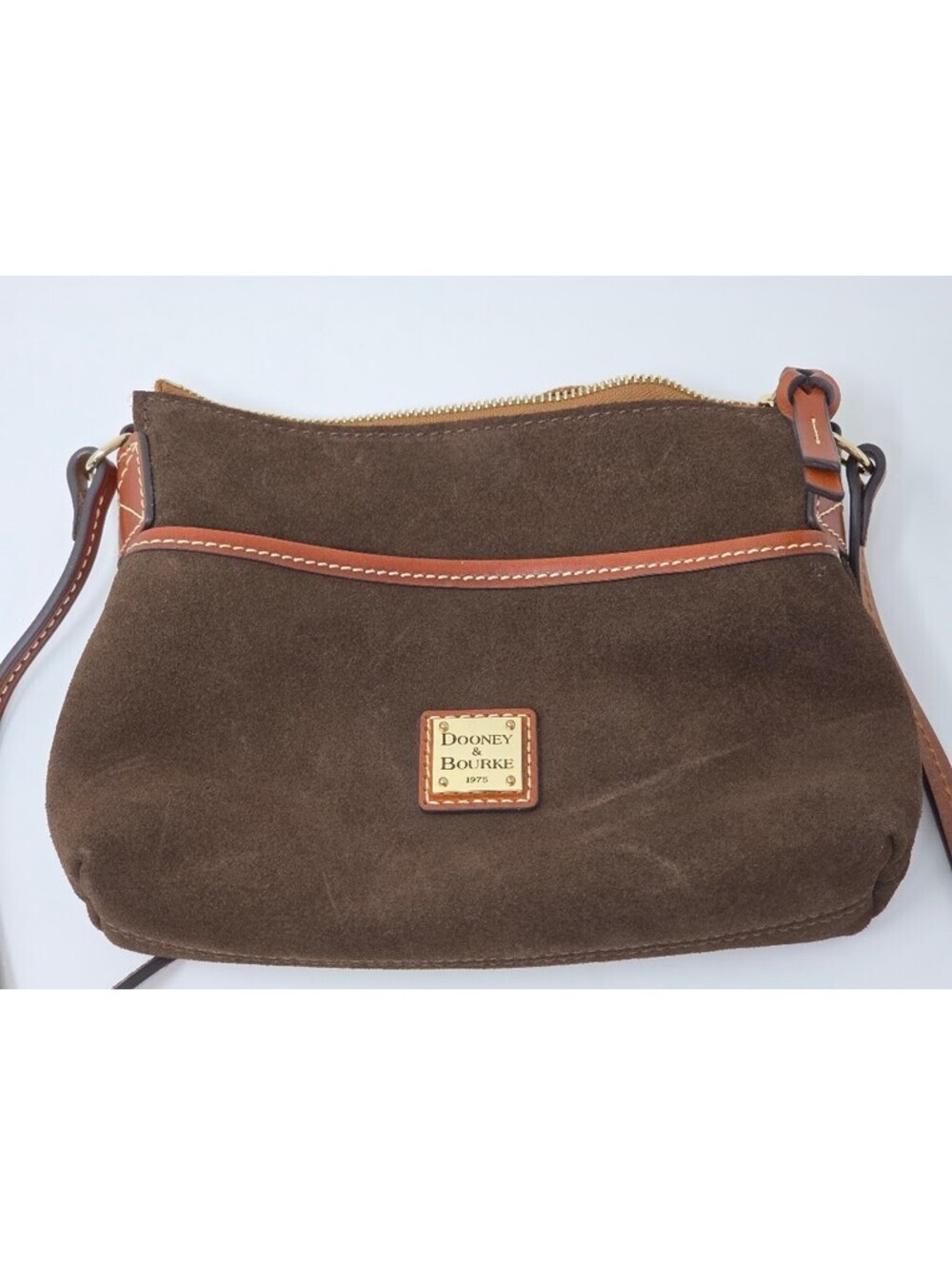 Dooney Bourke Ginger Suede Crossbody Bag Brown Leather Trim Zip Top Purse